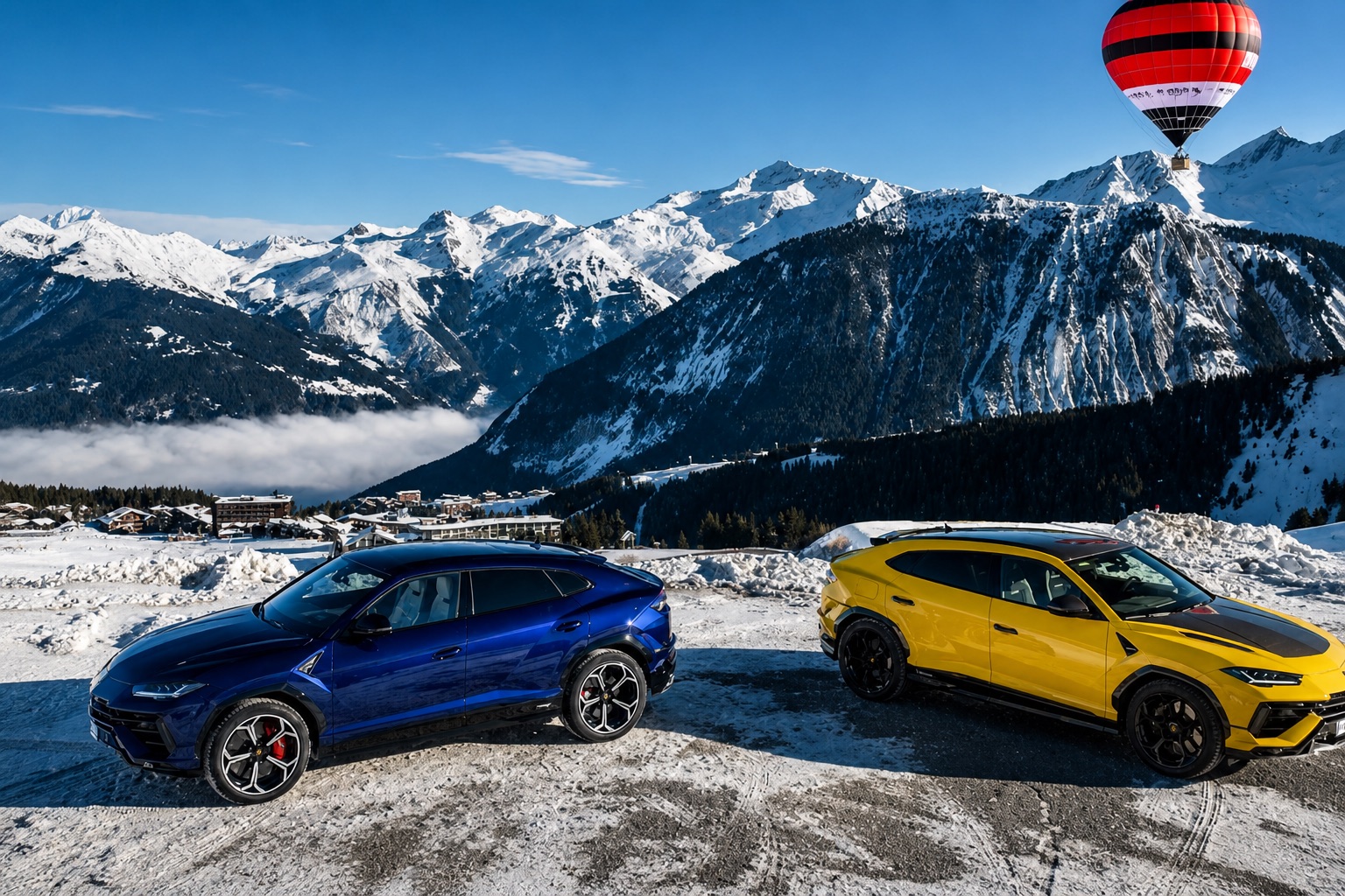Lamborghini Urus cars in snowy mountains